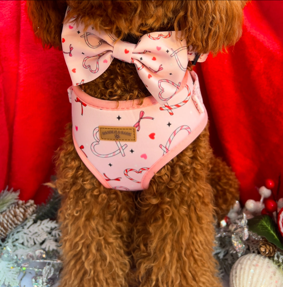 Pink Christmas Dog Bundle | Festive Love-Heart Candy Cane Harness, Matching Collar, Lead, Bow & Poop Bag Holder