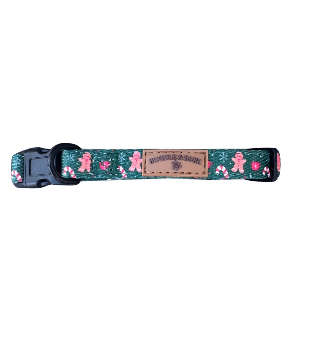 Green Christmas Dog Collar | Gingerbread & Candy Cane Print