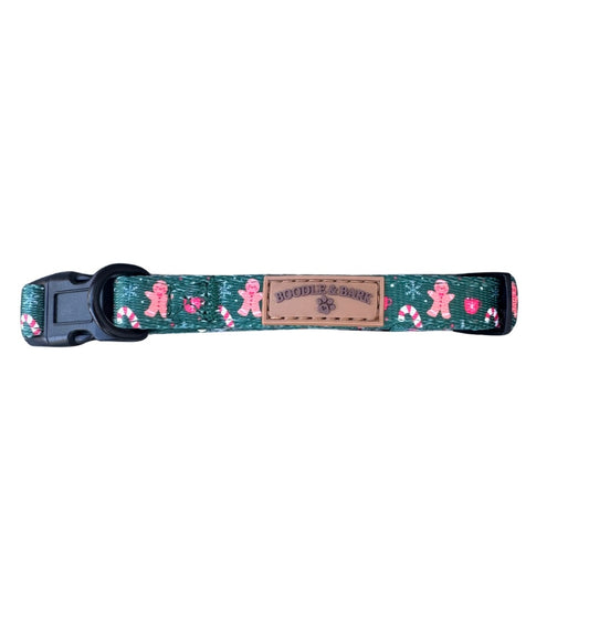 Green Christmas Dog Collar | Gingerbread & Candy Cane Print