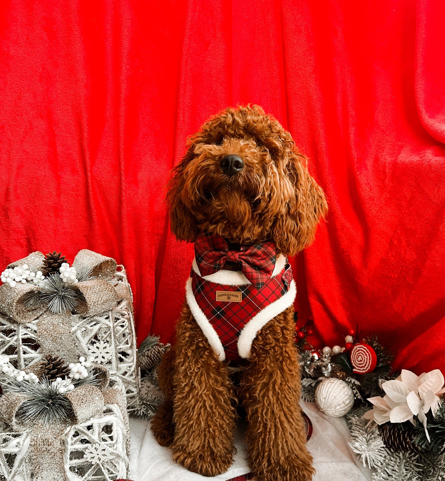 Red Checkered Christmas Dog Bundle | Faux-Fur Trim Harness, Matching Collar, Lead, Bow & Poop Bag Holder