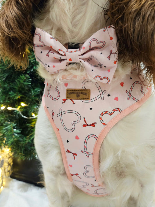 Pink Christmas Dog Bundle | Festive Love-Heart Candy Cane Harness, Matching Collar, Lead, Bow & Poop Bag Holder