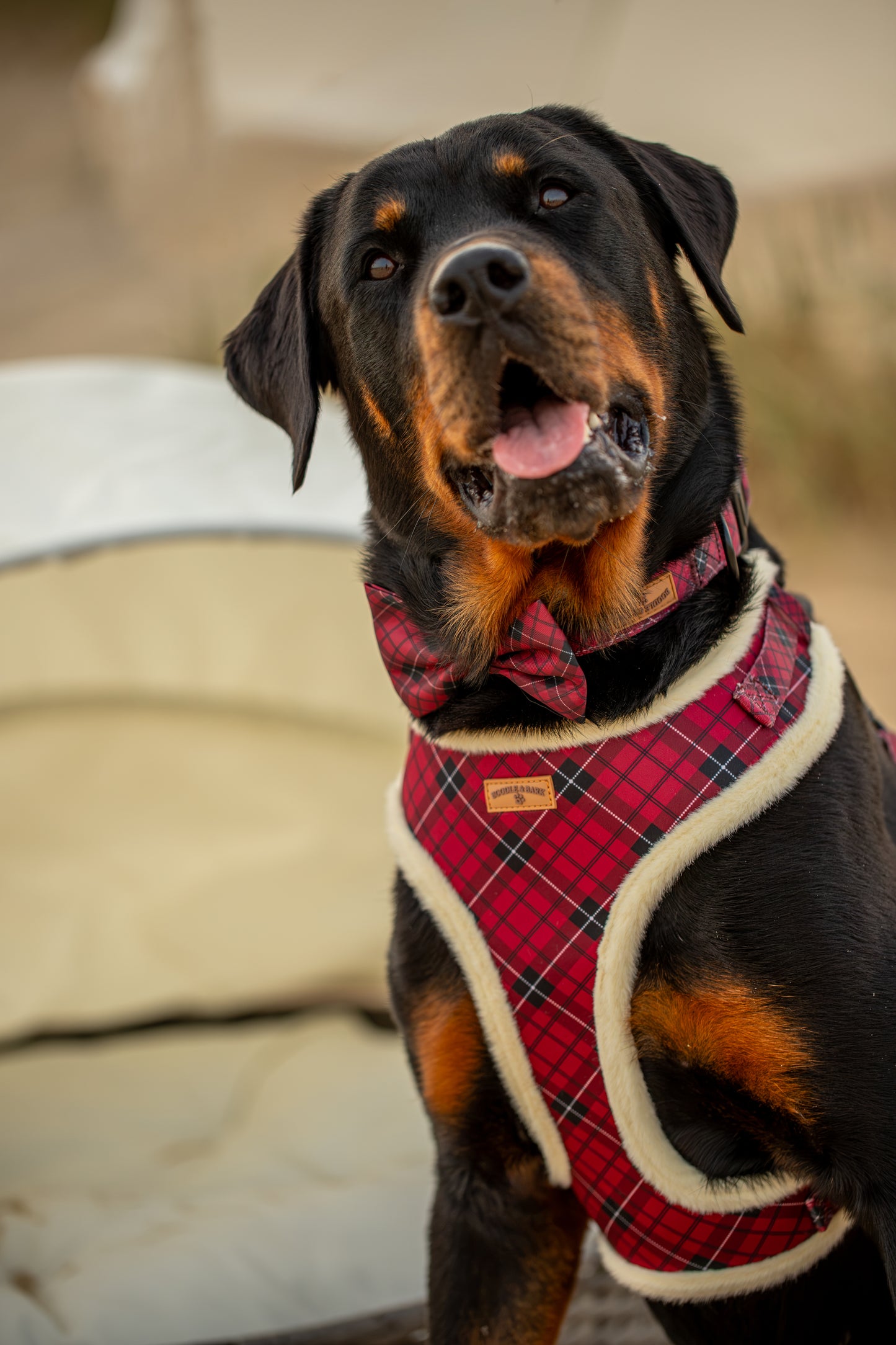 Red Tartan Faux Fur Dog Harness